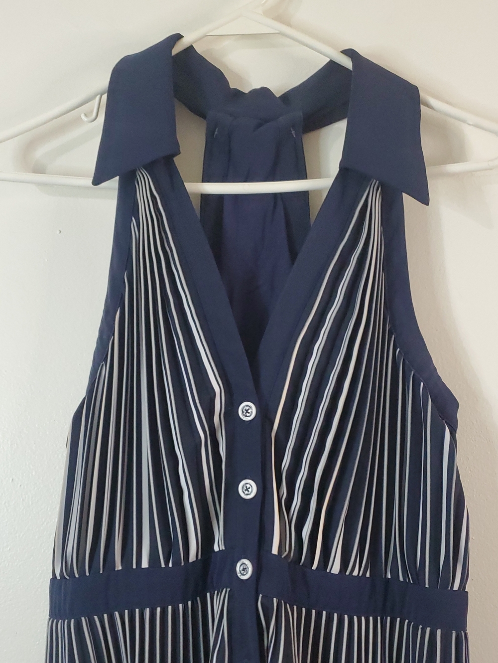 Anthropologie Halter Pleated Navy and White Striped Midi Dress Sailor Nautical - Picture 6 of 16